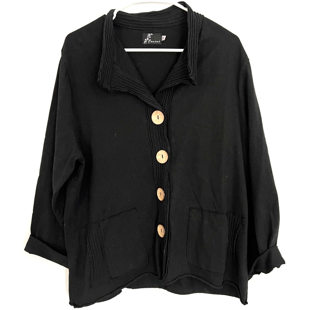 Feminine Jacket Womens XL Black Button Front Textured Collar Pockets Casual Top